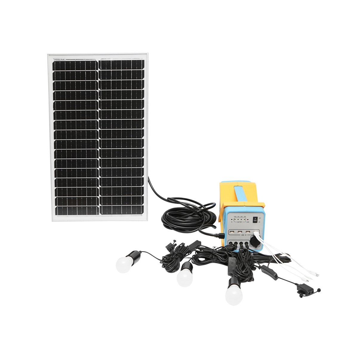 Sistem iluminat cu panou solar, baterie LifePo4 12.8V/12Ah si 3 becuri LED 3W/12V, 4 iesiri USB 5V Breckner Germany